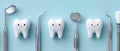 The friendly teeth and dental instruments on a bright blue background. AI generated image Royalty Free Stock Photo