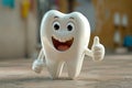 Friendly tooth character shows approval with thumbs up, 3D