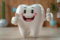 Friendly tooth character shows approval with thumbs up, 3D