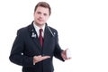 Friendly and trustworthy doctor holding and presenting a bottle Royalty Free Stock Photo