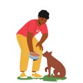 Friendly Volunteer Feeding Dog In Animal Shelter Or Pound. Young Man Giving Food To Homeless Puppy, Character with Bowl