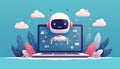Friendly white robot head smiles from laptop screen, connected to many digital data points. Pink clouds float in blue sky. Royalty Free Stock Photo