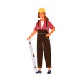 Friendly woman architect holding constructing ruler vector flat illustration. Happy female industrial worker in overalls