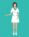 Friendly woman doctor inviting clients to the clinic. Flat vector illustration.