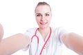Friendly woman doctor reaching for a hug concept Royalty Free Stock Photo