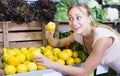 Friendly woman holding lemons in hands in fruit store Royalty Free Stock Photo