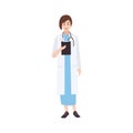 Friendly woman physician, doctor, medical specialist or practitioner dressed in white coat. Pretty female cartoon