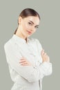 Friendly woman portrait. Smart businesswoman or student in white shirt