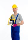 Friendly worker with yardstick and pocket calculator