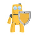 Friendly yellow robot with the shield. Robot protector. Toy character. Flat vector illustration. Isolated on white
