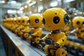 Friendly yellow robots working together on an assembly line in a modern fact Royalty Free Stock Photo