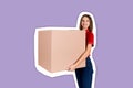 Friendly young delivey girl brings a big parcel for a customer Magazine collage style with trendy color background