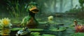 A friendly zombie duck waddling in a pond, surrounded by lily pads, with frogs and fish unfazed by its undead state , studio