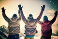 Friends athletes in winter in sun enjoying trip to skiing mountains, generative ai
