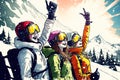 Friends athletes in winter in sun enjoying trip to skiing mountains, generative ai