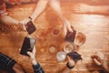 Friends bar with beer internet addiction looking at their smartphones. Concept social network Royalty Free Stock Photo