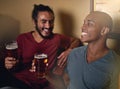 Friends, beer and pub for funny, smile and relax indoor for fun and bonding in summer to destress. Male people, bar and