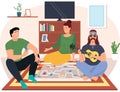 Friends with board game on floor. Male bard playing guitar or ukulele vector illustration