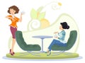 Two girls drink tea and coffee break at work. Illustration for internet and mobile website
