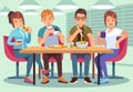 Friends cafe. Friendly people eat drink lunch table fun seating friendship young guys meeting restaurant bar flat image