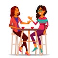 Two Woman Friends Drinking Coffee Vector. Best Friends In Cafe. Sitting Together In Restaurant. Communication, Laughter Royalty Free Stock Photo