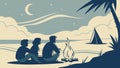 Friends Camping by Campfire Beach Under Moonlight, vector design Generative AI Royalty Free Stock Photo