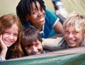 Friends, camping and happy portrait of children for resting, relaxing and comfortable in tent. Travel gear, smile and Royalty Free Stock Photo