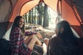 Friends Camping Tent Woods Outdoors Concept Royalty Free Stock Photo