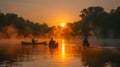 Friends in canoes embrace the dawn\'s tranquility.