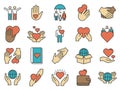 Friends care icons. Love and friendship icon. Line family protection and support, volunteer help, handshake and hand