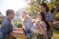 Friends carrying woman in park