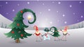 Friends celebrate Winter Solstice, Christmas and New Year. Scandinavian gnomes and snowman with decorated christmas tree. Purple w