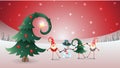 Friends celebrate Winter Solstice, Christmas and New Year. Scandinavian gnomes and snowman with decorated christmas tree. Red wint