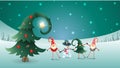 Friends celebrate Winter Solstice, Christmas and New Year. Scandinavian gnomes and snowman with decorated christmas tree. Turquois