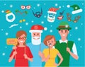 Friends celebrating Christmas together with photo booth. Cartoon character flat style illustration