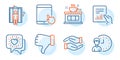 Helping hand, Tablet pc and Elevator icons set. Friends chat, Dislike hand and Coffee shop signs. Vector