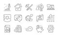Friends chat, Documentation and Bitcoin coin icons set. Analysis graph, Spanner and Augmented reality signs. Vector