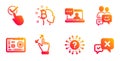 Friends chat, Touchscreen gesture and Motherboard icons set. Bitcoin think, Question mark and Checkbox signs. Vector