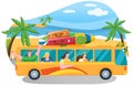 Friends come by truck to summer resort. Traveler bus on background of coastline near beach