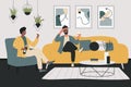 Friends conversation, cartoon happy man friends sitting on sofa in home living room