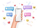 Friends conversation, phone emoji messages. Hand hold smartphone with white blank screen, speech bubbles and 3d emoji