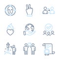 Friends couple, Victory hand and Communication icons set. Fireworks, Face detect and Heart flame signs. Vector