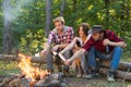 Friends couples enjoy vacation or weekend forest. Weekend hike. Young people enjoying picnic in park on summer day