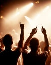 Friends, dancing and crowd or concert silhouette or live music performance or festival, rock or audio. Audience, dj and Royalty Free Stock Photo