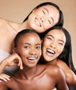 Friends, diversity and skincare, women smile together in happy portrait on studio background. Health, wellness and