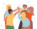 Friends doing high five. Friendship greeting, fun informal greeting. Young generation team, students or teenagers