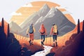 Friends doing trekking in the mountain. Cartoon illustration banner.