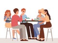 Friends eating and drinking together, happy teens talking sitting on table. Young adults friendship, student dinner or Royalty Free Stock Photo