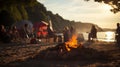 Friends enjoy beach campfire at sunset. Royalty Free Stock Photo