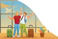 Friends enjoy the opportunity to travel, men at the airport. Flat 2D character. Concept for web design